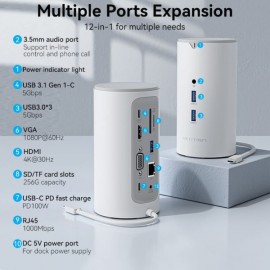 USB HUB Vention 12 in 1 Type-C-HDMI-RJ45-VGA-3.5мм-SD-TF-USB 4K30Hz PD 100W White (TPHWC-EU)