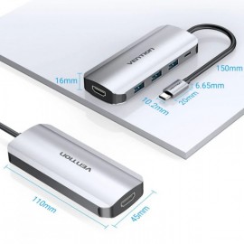 USB HUB Vention 5 in 1 Type-C-HDMI-USB 3USB 1Type-C PD 100W Gray (THFHB)