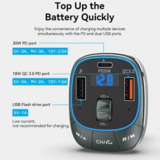 Автомобильный FM-трансмиттер Vention PD 54W 2USB 1Type-C (C+A+A) LED/USB Flash/Bluetooth Black (FFLB0)