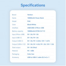УМБ Vention 10000mAh PD 22.5W 3A 1Type-C 2USB QC3.0 LED Display White (FHKW0)