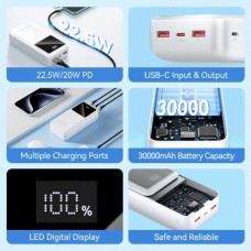 УМБ Vention 30000mAh PD 22.5W 3A 1Type-C 2USB PD+QC3.0 LED Display White (FHMW0)