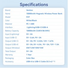 УМБ Vention Magnetic Qi Wireless 10000mAh PD 22.5W 3A 1Type-C 1USB PD+QC 3.0 LED Display Black (FHTB0)