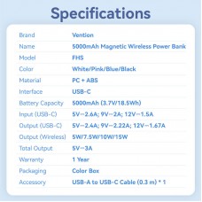 УМБ Vention Magnetic Qi Wireless 5000mAh PD 20W 3A 1Type-C Light Indicator Black (FHSB0)