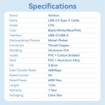 Кабель USB-Type-C Vention Alum Alloy Shell 3A 60W 480Mbps 2m Black (CTNBH)