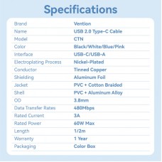Кабель USB-Type-C Vention Alum Alloy Shell 3A 60W 480Mbps 2m Black (CTNBH)