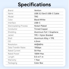 Кабель Type-C-Type-C 3.2 Gen2 Vention TPE Nylon Braided 4K 60Hz 100W 5A 10Gbps 1m White (TRGWF)