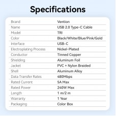 Кабель Type-C-Type-C Vention Alum Allo Nylon-Braided E-Marker Chip PD3.1 240W 5A 480Mbps 2m Gold (TRIJH)
