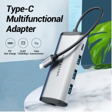 USB HUB Vention 5 in 1 Type-C-RJ45-USB 3USB 1Type-C PD 100W 5Gbps 0.15m Gray (TGDHB)