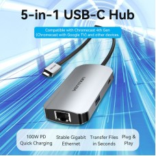 USB HUB Vention 5 in 1 Type-C-RJ45-USB 3USB 1Type-C PD 100W 5Gbps 0.15m Gray (TGDHB)