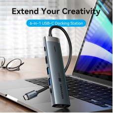 USB HUB Vention 6 в 1 Type-C-HDMI-RJ45-USB-PD 2USB 3.0 2Type-C 3.2 PD 100W 4K 60Hz 0.15m Grey (TGNHB)