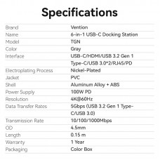 USB HUB Vention 6 в 1 Type-C-HDMI-RJ45-USB-PD 2USB 3.0 2Type-C 3.2 PD 100W 4K 60Hz 0.15m Grey (TGNHB)