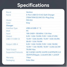 Сетевое зарядное устройство 2Type-C 1USB Vention (C+C+A) GaN III PD & PPS 70W QC4.0 5A Grey (FEXH0-EU)