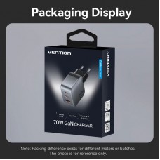 Сетевое зарядное устройство 2Type-C 1USB Vention (C+C+A) GaN III PD & PPS 70W QC4.0 5A Grey (FEXH0-EU)