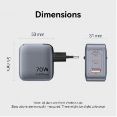 Сетевое зарядное устройство 2Type-C 1USB Vention (C+C+A) GaN III PD & PPS 70W QC4.0 5A Grey (FEXH0-EU)
