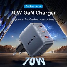 Сетевое зарядное устройство 2Type-C 1USB Vention (C+C+A) GaN III PD & PPS 70W QC4.0 5A Grey (FEXH0-EU)