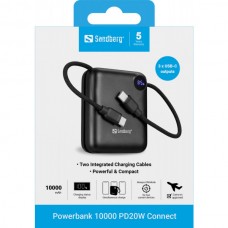 УМБ Sandberg 10000mAh 20W PDQC3.0 T3A In/Out with 2xUSB-C cables Black