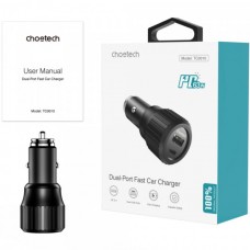 Автомобильное зарядное устройство 1USB 1Type-C 63W PD QC3.0 18W Black Choetech