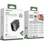 Сетевое зарядное устройство 1USB 1Type-C 45W Gan A106 Black Acefast Сетевое зарядное устройство 1USB 1Type-C 45W Gan A106 Black Acefast
