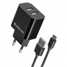 Сетевое зарядное устройство 2USB 12W 2.1A UPC-21 + кабель microUSB Black Defender
