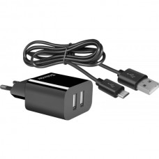 Сетевое зарядное устройство 2USB 12W 2.1A UPC-21 + кабель microUSB Black Defender