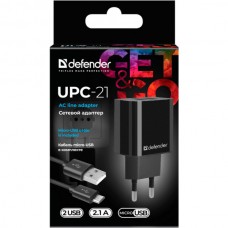 Сетевое зарядное устройство 2USB 12W 2.1A UPC-21 + кабель microUSB Black Defender