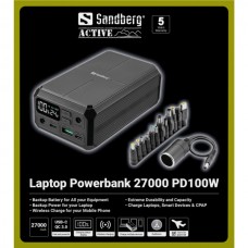 УМБ Sandberg 27000mAh Laptop DC12–24v 100W PD 5A QC3.0 1USB 2Type-C 2DC QI-10W Black