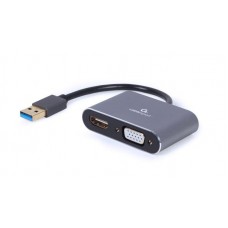 USB HUB 2в1 USB-HDMI-VGA 4K 30 Гц Cablexpert 0.15m Black (A-USB3-HDMIVGA-01)