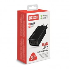 Адаптер сетевой ColorWay GaN3 Pro Power Delivery 1USB 2Type-C PD 3A 65W Black (CW-CHS039PD-BK)