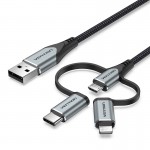 Кабель 3 в 1 USB-MicroUSB-Type-C-Lightning Vention TPE Nylon MFi C89 2А 480Mbps 0.5m Grey (CQJHD)