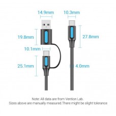 Кабель 2 в 1 USB-Type-C Vention PVC PD 60W 3A 480Mbps nickel-plated 1m Black (CQLBF)
