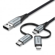 Кабель 3 в 1 USB-MicroUSB-Type-C-Lightning Vention TPE Nylon MFi C89 2А 480Mbps 1m Grey (CQJHF)