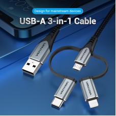 Кабель 3 в 1 USB-MicroUSB-Type-C-Lightning Vention TPE Nylon MFi C89 2А 480Mbps 1m Grey (CQJHF)
