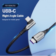 Кабель Type-C-Type-C Vention TPE Nylon 90° Degree PD 100W 5A 480Mbps nickel-plated 1.5m Grey (TAKHG)