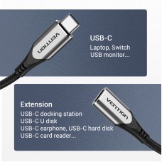 Удлинитель Type-C-Type-C 3.1 Vention Nylon M/F Thunderbolt 3 4K 60Hz PD 60W 5Gbps 3A 1m Grey (TABHF)