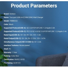Сетевое зарядное устройство 1USB 1Type-C Vention (A+C) PD 38W QC3.0 3.4A White (FBBW0-EU)