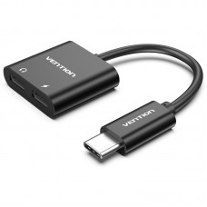 Адаптер 2 ni 1 Type-C-3.5мм Vention M/2xF PD 18W QC 3.0 3A nickel-plated 0.15m Black (CFMBA)