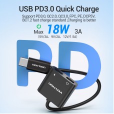 Адаптер 2 ni 1 Type-C-3.5мм Vention M/2xF PD 18W QC 3.0 3A nickel-plated 0.15m Black (CFMBA)