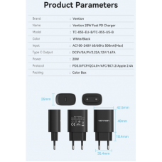 Сетевое зарядное устройство 1Type-C Vention PD 20W QC4.0 2.4A Black (TC-055-EU-B)