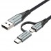 Кабель 2 в 1 USB-MicroUSB-Type-C Vention TPE Nylon 3А 480Mbps nickel-plated 1m Black (CQEHF)