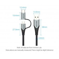 Кабель 2 в 1 USB-MicroUSB-Type-C Vention TPE Nylon 3А 480Mbps nickel-plated 1m Black (CQEHF)