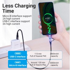 Кабель 2 в 1 USB-MicroUSB-Type-C Vention TPE Nylon 3А 480Mbps nickel-plated 1m Black (CQEHF)