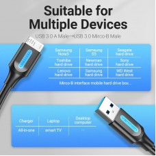 Кабель USB-MicroUSB-B 3.0 Vention PVC Round nickel-plated 5Gbps 3m Black (COPBI)