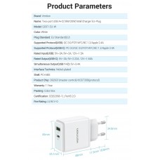 Сетевое зарядное устройство 1USB 1Type-C Vention PD 38W QC3.0 3.4A White (QC67-EU-W)