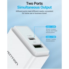Сетевое зарядное устройство 1USB 1Type-C Vention PD 38W QC3.0 3.4A White (QC67-EU-W)
