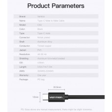 Кабель Type-C-Type-C 3.1 Vention PVC Shell Thunderbolt 3 4K 60Hz PD 60W 3A 5Gbps nickel-plated 1.5m Black (CAUBG)