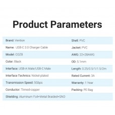 Кабель USB-Type-C Vention Upgrade PVC 3A 5Gbps nickel-plated 1m Grey (COFHF)