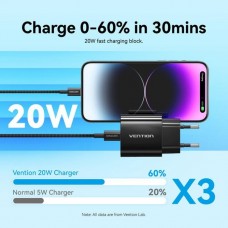Сетевое зарядное устройство Vention 1Type-C 20W 3A + USB-C cable М-М Black