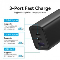 Сетевое зарядное устройство Vention 2USB 1Type-C PD 65W 3A PD3.0+QC4.0 Black (FEDB0-EU)