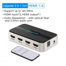Сплиттер Video 3 In 1 HDMI-HDMI v.1.4 Vention F/3xF 4k 30Hz Upgrade (3.5мм+Toslink) gold-plated Black