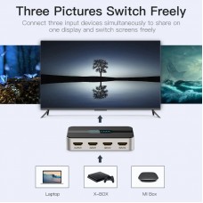Сплиттер Video 3 In 1 HDMI-HDMI v.1.4 Vention F/3xF 4k 30Hz Upgrade (3.5мм+Toslink) gold-plated Black